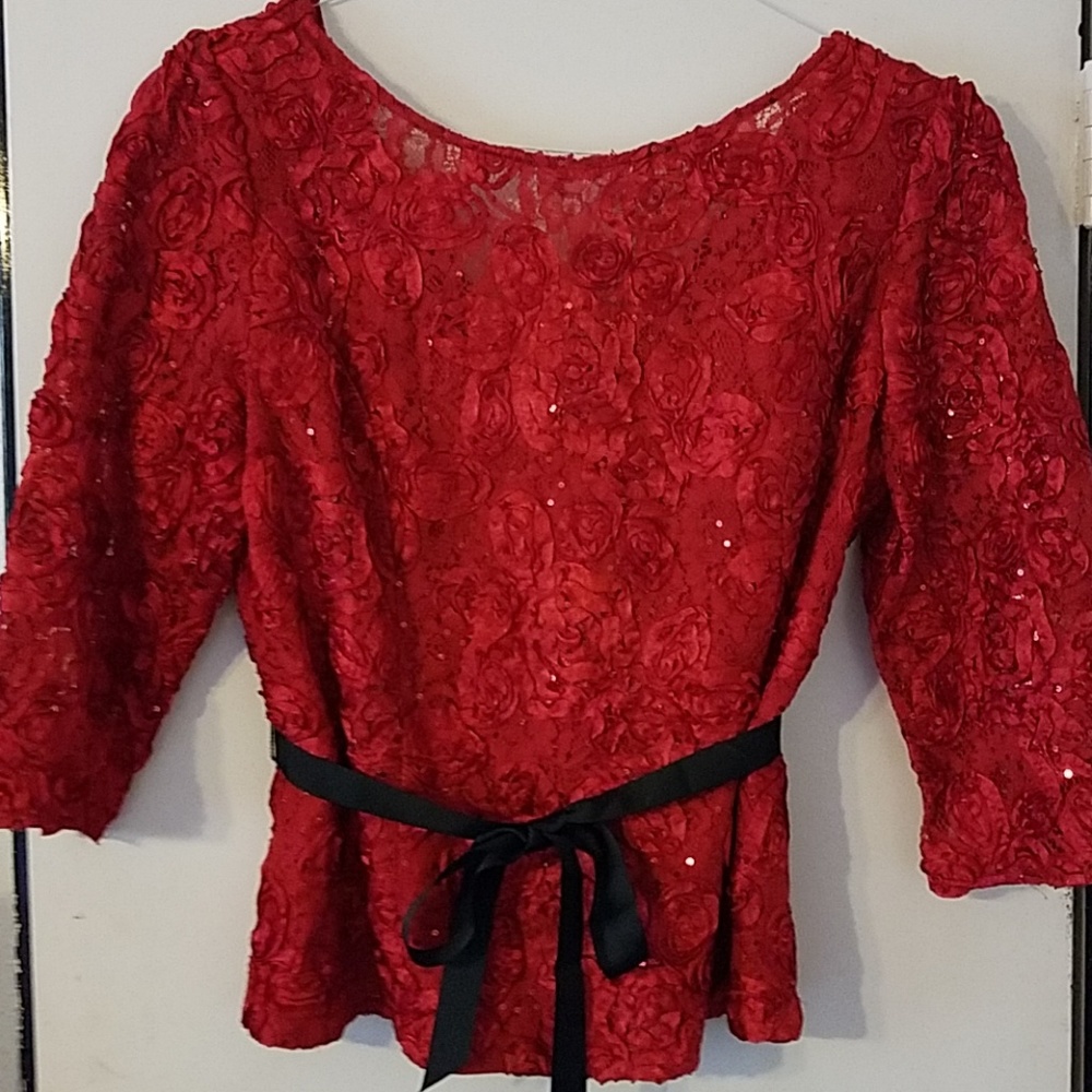 Red evening top with black ribbon tie